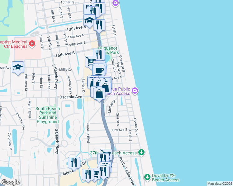 map of restaurants, bars, coffee shops, grocery stores, and more near 107 25th Avenue South in Jacksonville Beach