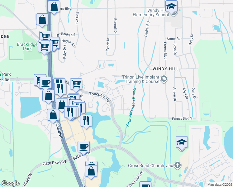 map of restaurants, bars, coffee shops, grocery stores, and more near 9745 Touchton Road in Jacksonville