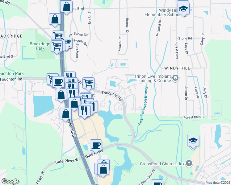 map of restaurants, bars, coffee shops, grocery stores, and more near 9745 Touchton Road in Jacksonville