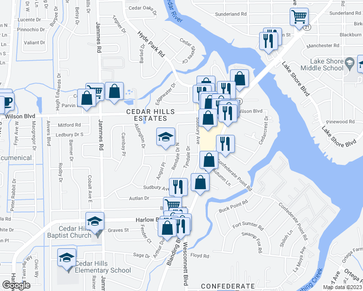 map of restaurants, bars, coffee shops, grocery stores, and more near 3815 Rendale Dr in Jacksonville