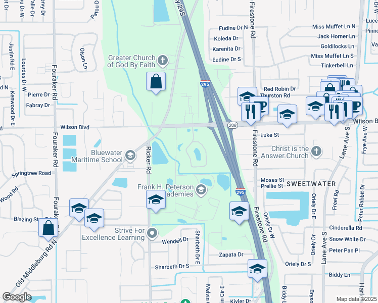 map of restaurants, bars, coffee shops, grocery stores, and more near 3610 Kirkpatrick Circle in Jacksonville