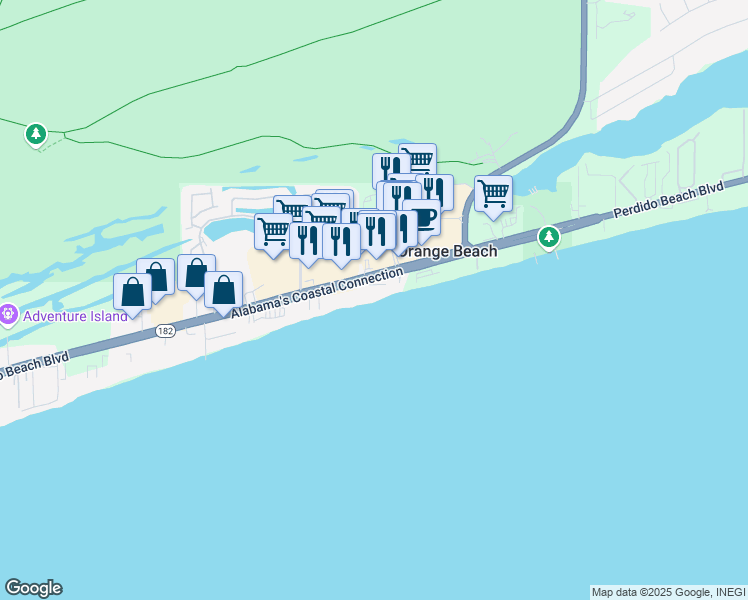 map of restaurants, bars, coffee shops, grocery stores, and more near 25518 Alabama's Coastal Connection in Orange Beach