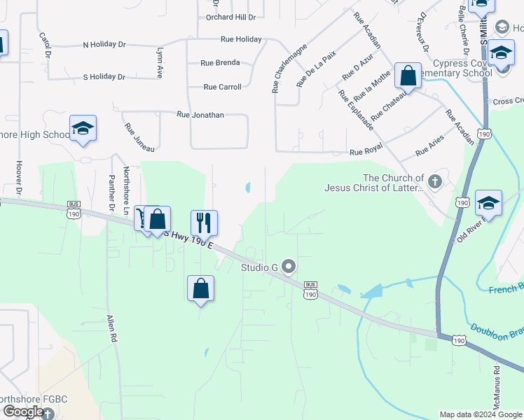 map of restaurants, bars, coffee shops, grocery stores, and more near 112 Shamrock Drive in Slidell