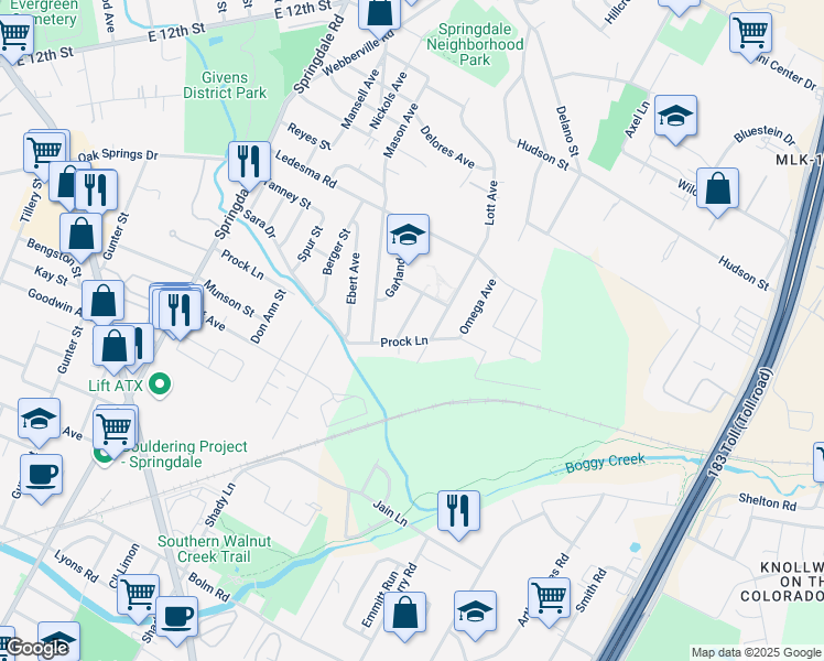 map of restaurants, bars, coffee shops, grocery stores, and more near 1116 Estes Avenue in Austin