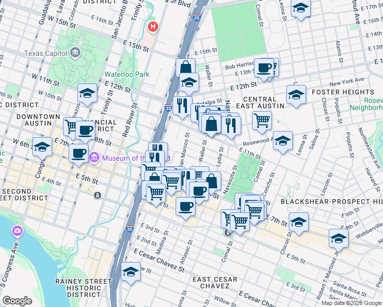 map of restaurants, bars, coffee shops, grocery stores, and more near in Austin