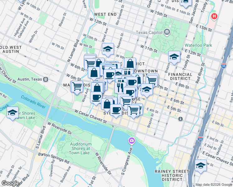 map of restaurants, bars, coffee shops, grocery stores, and more near 501 San Antonio Street in Austin