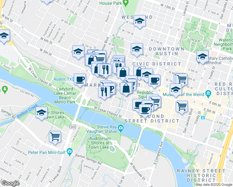 map of restaurants, bars, coffee shops, grocery stores, and more near in Austin