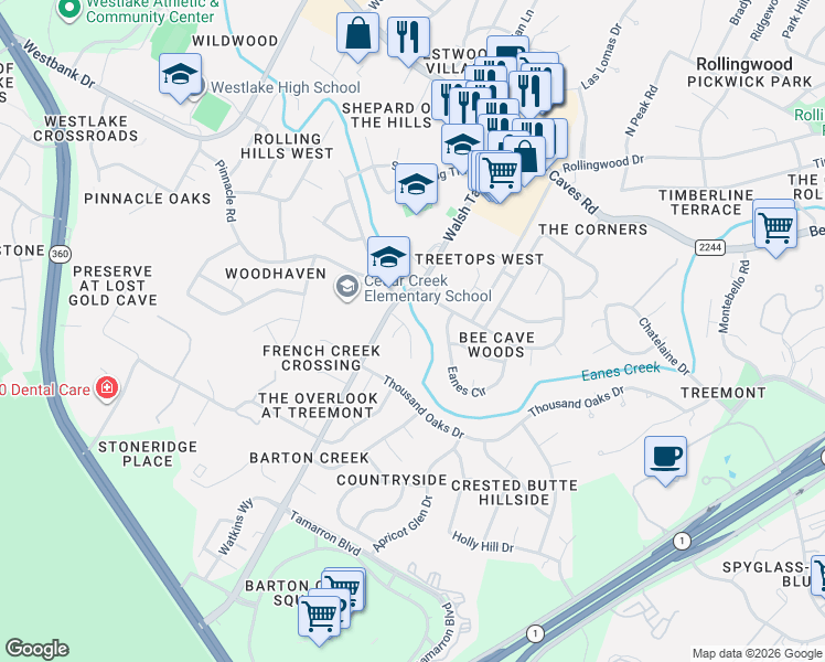 map of restaurants, bars, coffee shops, grocery stores, and more near 1401 Terrapin Court in Austin