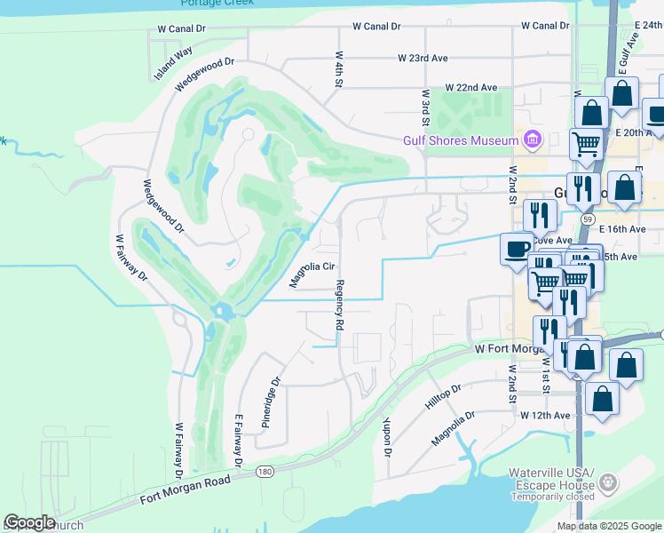 map of restaurants, bars, coffee shops, grocery stores, and more near 607 Magnolia Circle in Gulf Shores