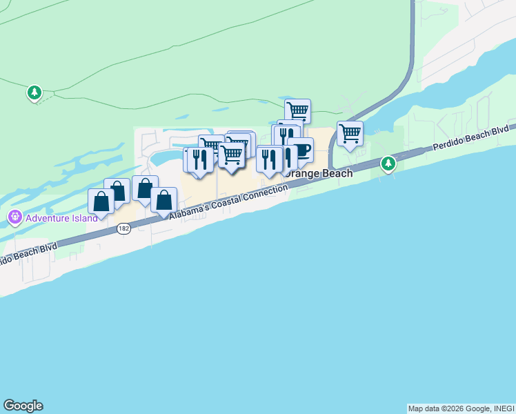 map of restaurants, bars, coffee shops, grocery stores, and more near 25466 Perdido Beach Boulevard in Orange Beach