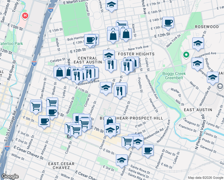 map of restaurants, bars, coffee shops, grocery stores, and more near 1121 Leona Street in Austin