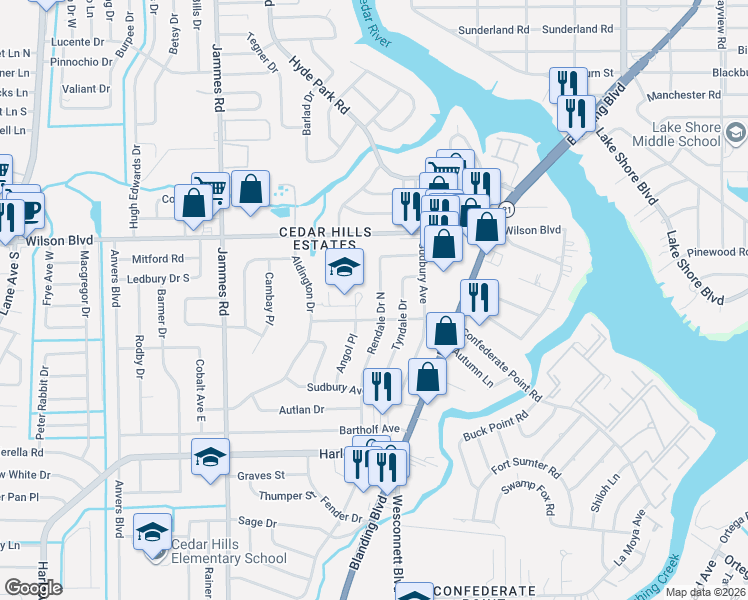 map of restaurants, bars, coffee shops, grocery stores, and more near 3734 Rendale Drive North in Jacksonville