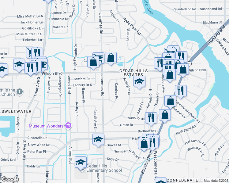 map of restaurants, bars, coffee shops, grocery stores, and more near 3733 Cambay Place in Jacksonville