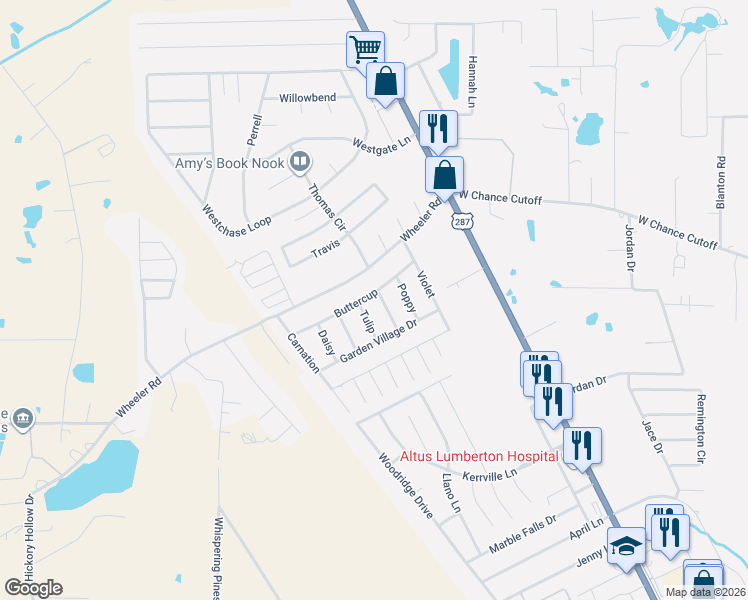 map of restaurants, bars, coffee shops, grocery stores, and more near 5922 Wheeler Road in Lumberton