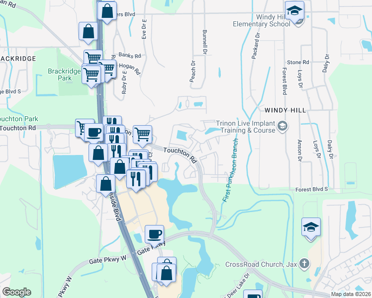 map of restaurants, bars, coffee shops, grocery stores, and more near 9745 Touchton Road in Jacksonville