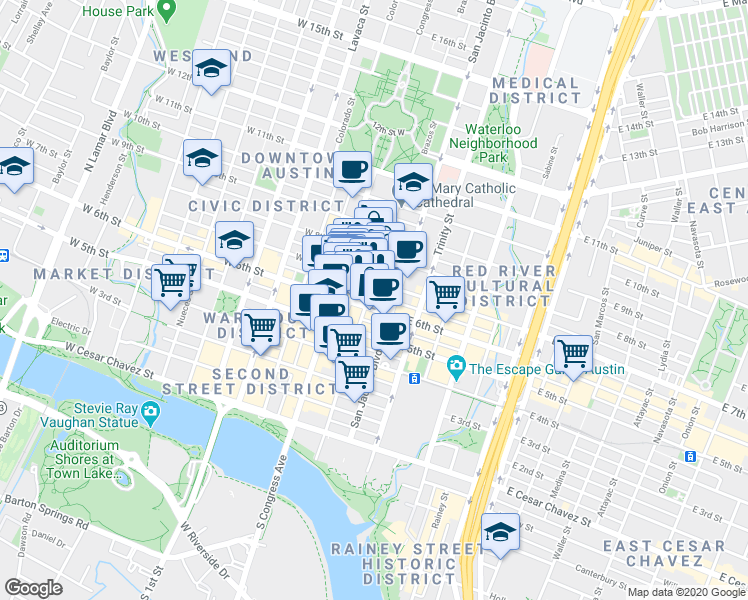 map of restaurants, bars, coffee shops, grocery stores, and more near 612 Brazos Street in Austin