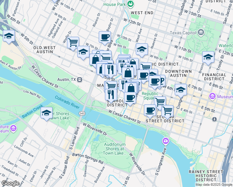 map of restaurants, bars, coffee shops, grocery stores, and more near 800 West 3rd Street in Austin