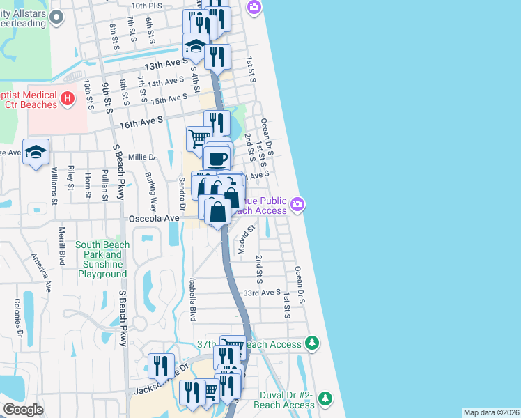 map of restaurants, bars, coffee shops, grocery stores, and more near 107 25th Avenue South in Jacksonville Beach