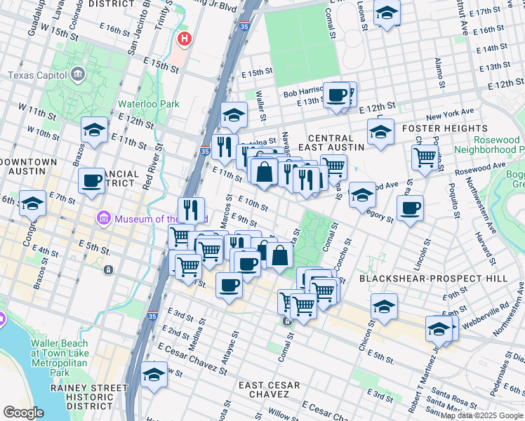 map of restaurants, bars, coffee shops, grocery stores, and more near 1100 East 10th Street in Austin