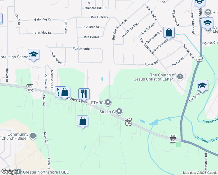 map of restaurants, bars, coffee shops, grocery stores, and more near 112 Shamrock Drive in Slidell