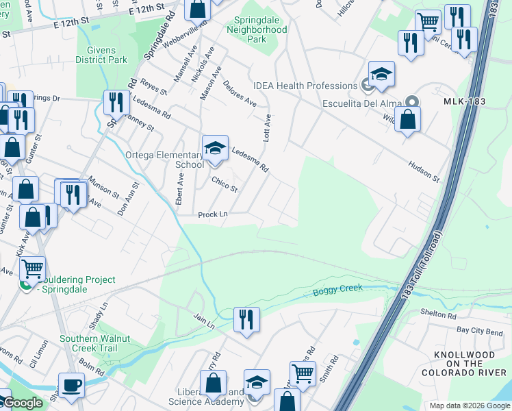 map of restaurants, bars, coffee shops, grocery stores, and more near 1112 Christie Drive in Austin