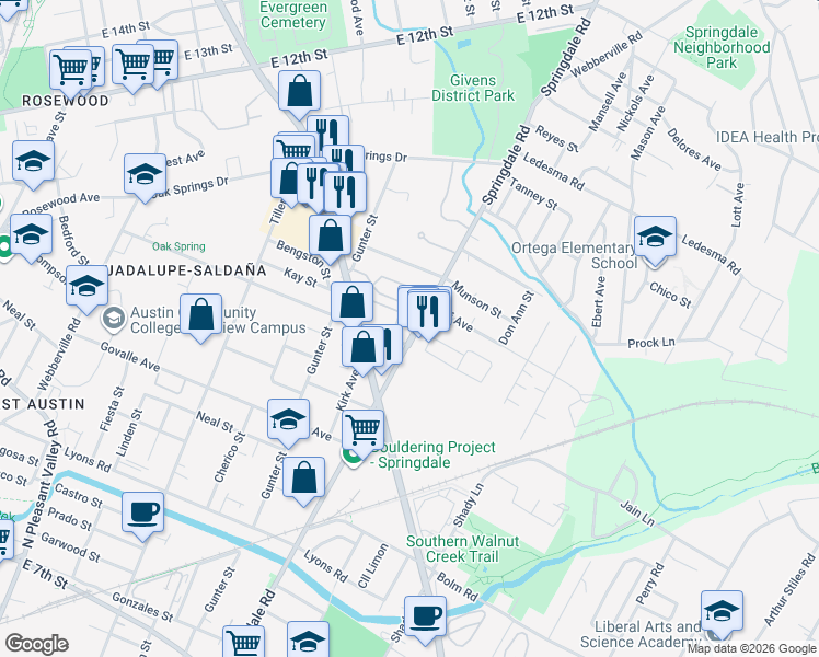 map of restaurants, bars, coffee shops, grocery stores, and more near 3706 Goodwin Avenue in Austin
