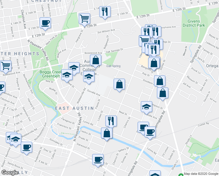 map of restaurants, bars, coffee shops, grocery stores, and more near 1128 Linden Street in Austin
