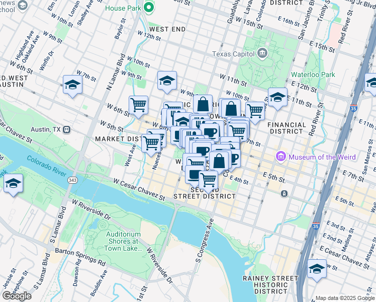 map of restaurants, bars, coffee shops, grocery stores, and more near 311 West 5th Street in Austin