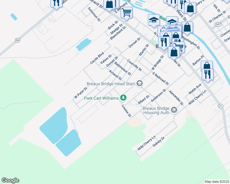 map of restaurants, bars, coffee shops, grocery stores, and more near 116 Malcolm Street in Breaux Bridge