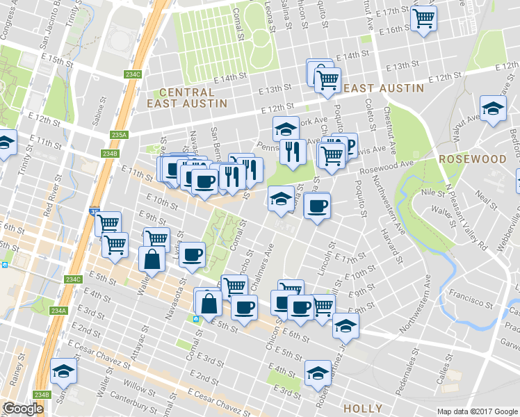 map of restaurants, bars, coffee shops, grocery stores, and more near 1507 Gregory Street in Austin