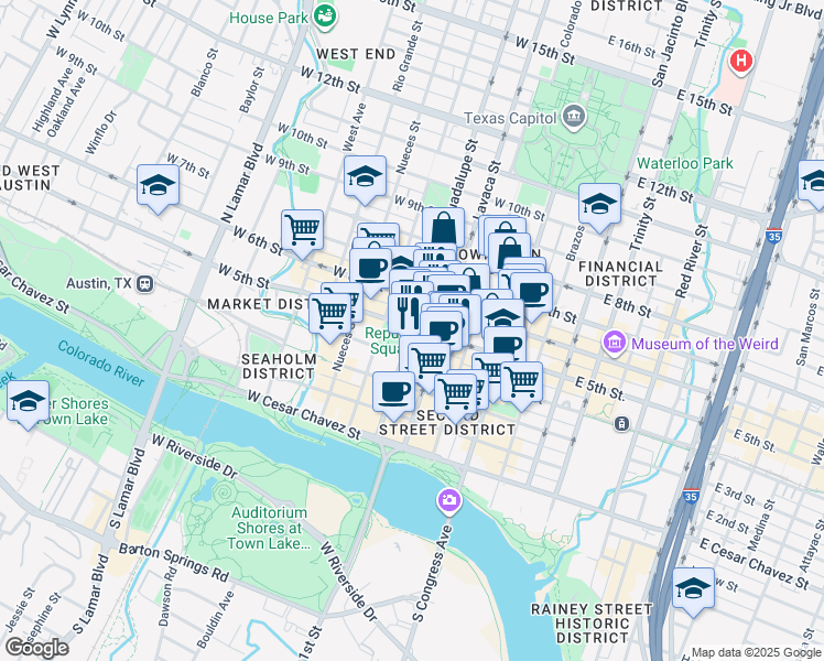 map of restaurants, bars, coffee shops, grocery stores, and more near 311 West 5th Street in Austin