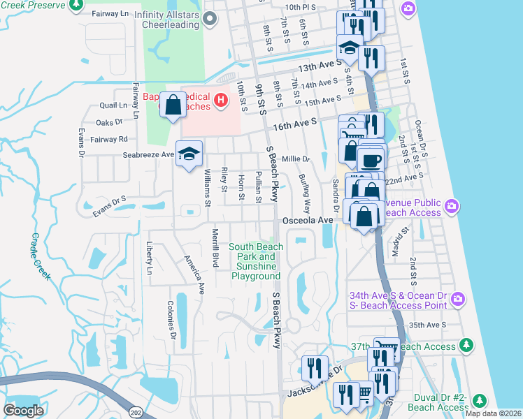 map of restaurants, bars, coffee shops, grocery stores, and more near 1011 Theodore Avenue in Jacksonville Beach