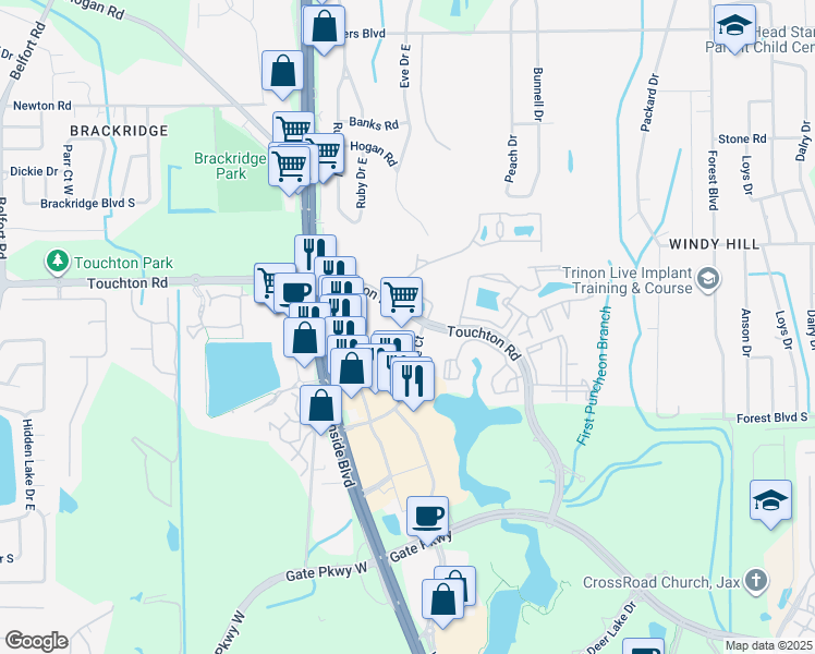 map of restaurants, bars, coffee shops, grocery stores, and more near 9726 Touchton Road in Jacksonville