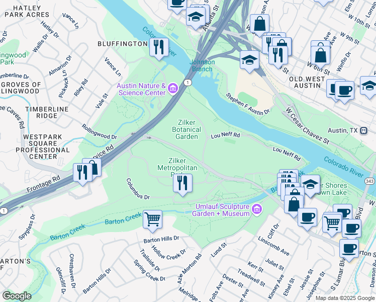 map of restaurants, bars, coffee shops, grocery stores, and more near 2220 Barton Springs Road in Austin