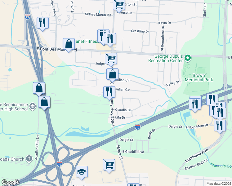 map of restaurants, bars, coffee shops, grocery stores, and more near 100-224 Julian Circle in Lafayette