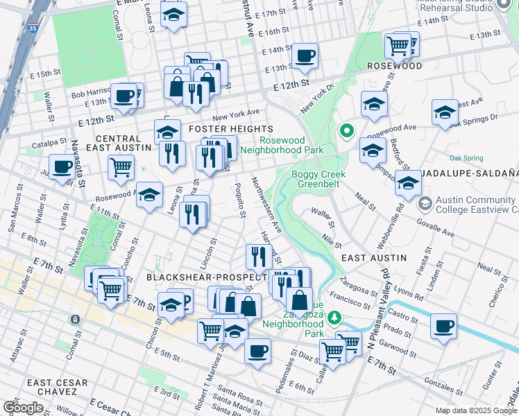 map of restaurants, bars, coffee shops, grocery stores, and more near 1116 Northwestern Avenue in Austin