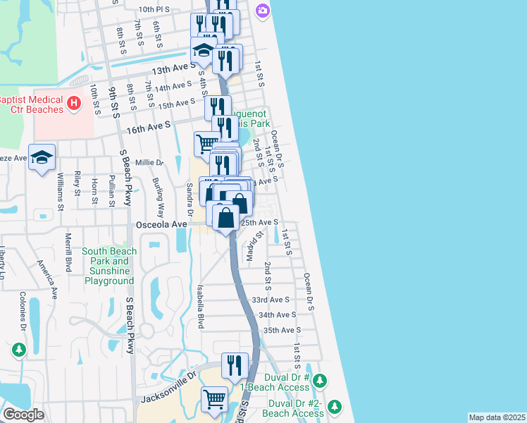 map of restaurants, bars, coffee shops, grocery stores, and more near 107 25th Avenue South in Jacksonville Beach