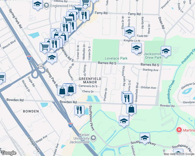 map of restaurants, bars, coffee shops, grocery stores, and more near 6107 Prather Drive North in Jacksonville