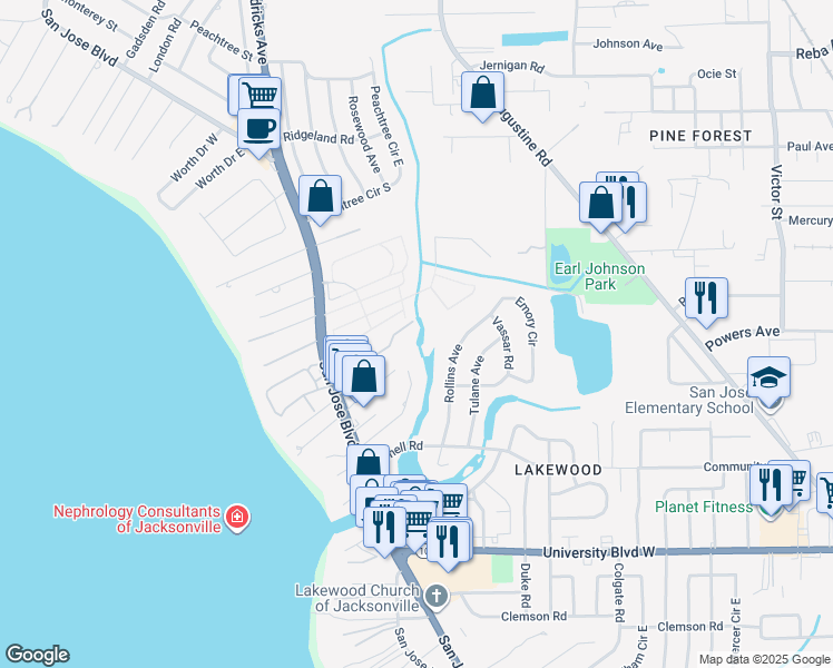 map of restaurants, bars, coffee shops, grocery stores, and more near 1604 Arcadia Drive in Jacksonville