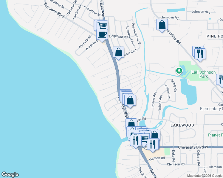 map of restaurants, bars, coffee shops, grocery stores, and more near 1435 Redbud Lane in Jacksonville