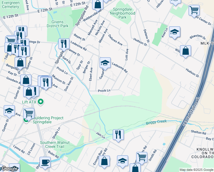 map of restaurants, bars, coffee shops, grocery stores, and more near 1116 Estes Avenue in Austin