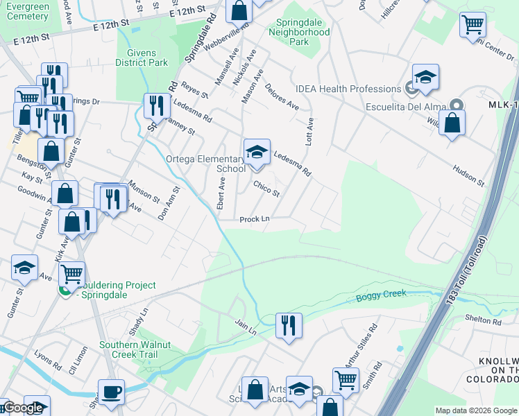 map of restaurants, bars, coffee shops, grocery stores, and more near 1113 Estes Avenue in Austin