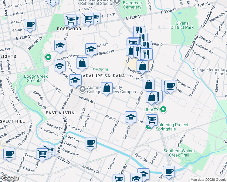 map of restaurants, bars, coffee shops, grocery stores, and more near 3128 Father Joe Znotas Street in Austin