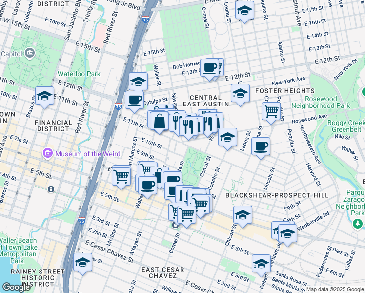 map of restaurants, bars, coffee shops, grocery stores, and more near in Austin