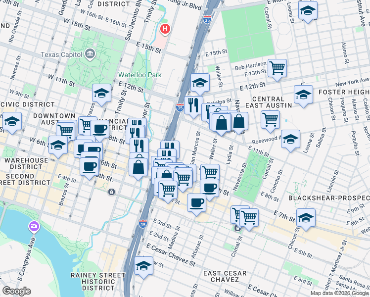 map of restaurants, bars, coffee shops, grocery stores, and more near 900 San Marcos Street in Austin