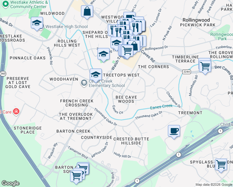 map of restaurants, bars, coffee shops, grocery stores, and more near 1253-1309 Old Walsh Tarlton in Austin