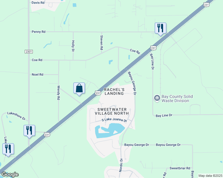 map of restaurants, bars, coffee shops, grocery stores, and more near 7311 Rachel Way in Panama City