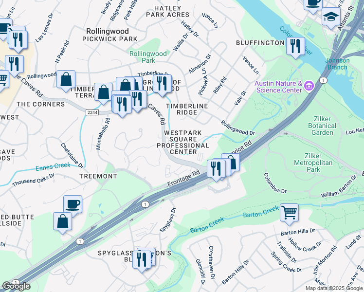 map of restaurants, bars, coffee shops, grocery stores, and more near 2500 Bee Caves Road in Austin