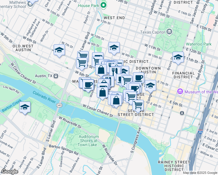 map of restaurants, bars, coffee shops, grocery stores, and more near 601 West 5th Street in Austin