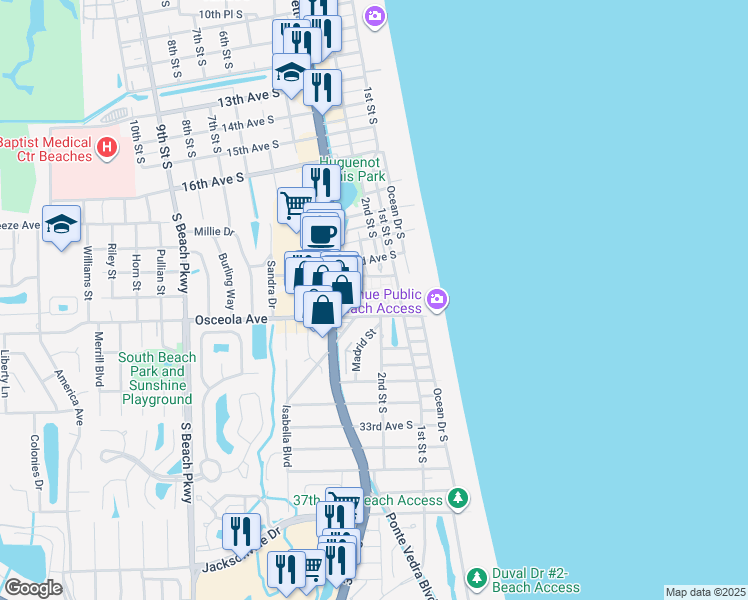 map of restaurants, bars, coffee shops, grocery stores, and more near 107 25th Avenue South in Jacksonville Beach